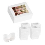 [15PK] Strawberry Treat Boxes for Valentines Day, Easter| Chocolate Covered Strawberry Boxes| 8x8x2”, Clear Window, Holds 8-12 Strawberries, Sturdy, Professional with 180 Strawberry Holder Papers