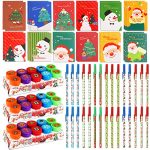 90 Pieces Christmas Notebooks and Stampers Christmas Stick Pens Sets for Students School Christmas Party Favors, Stocking Stuffers, Xmas Teachers Gifts for Students Classroom Prize Gifts