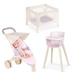 Babi by Battat – Doll Nursery Playset Playpen, High Chair,Jogger Stroller Accessories 14-inch Baby Girl Medium-Light Skin Tone Bright Blue Eyes & Removable Outfit Children’s Toys for Ages 2+