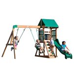 Backyard Discovery Buckley Hill Wooden Swing Set, Made for Small Yards and Younger Children, Two Belt Swings, Covered Mesh Fort with Canopy, Rock Climber Wall, 6 ft Slide Green