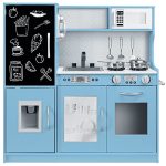 Best Choice Products Pretend Play Kitchen Wooden Toy Set for Kids w/Realistic Design, Telephone, Utensils, Oven, Microwave, Sink - Blue