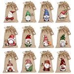 Cqueni 24Pcs Christmas Burlap Gift Bags with Drawstrings Christmas Linen Bags Santa Treat Candy Bags for Xmas Holiday New Year Party Favors Supplies, 12 Designs, 7.1 x 5.1 Inches