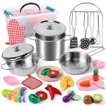CUTE STONE Pretend Play Kitchen Accessories Toy, Kids Kitchen Playset with Stainless Steel Play Pots and Pans, Cutting Play Food. Storage Box, Cooking Utensils, Kids Cooking Set for Boys Girls