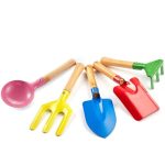 Egashow 5 Piece 8" Kids Gardening Tools, Made of Metal with Sturdy Wooden Handle, Safe Beach Sandbox Snow Field Toy Gardening Equipment Spoon, Fork, Trowel, Rake & Shovel for Children