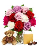 From You Flowers - One Dozen Assorted Sweetheart Roses with Chocolates & Bear with Free Vase (Fresh Flowers) Birthday, Anniversary, Get Well, Sympathy, Congratulations, Thank You