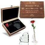 GreenCor Christmas for Wife Her Anniversary Women Engraved Wooden Gift Set 'to My Beautiful Wife' Includes Crystal Engraved Heart 24K Gold Dipped Rose for Birthday Gifts & 1 Year Wedding Anniversary