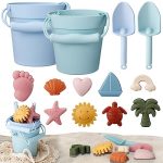 Hungdao 14 Pcs Silicone Beach Toys Travel Beach Set Silicone Sand Toys Include 2 Silicone Bucket Pail (Blue, Green)…