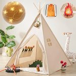 Kids-Teepee-Tent with Lights & Campfire Toy & Carry Case, Natural Cotton Canvas Toddler Tent - Washable Foldable Teepee Tent for Kids Indoor Tent, Outdoor Play Tent for Girls & Boys