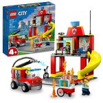 Lego City Fire Station and Fire Engine 60375, Pretend Play Fire Station with Firefighter Minifigures, Educational Vehicle Toys for Kids Boys Girls Age 4+
