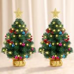 Liliful 2 Pcs 20 Inch Mini Christmas Tree Tabletop Set with LED String Lights, Ornaments Balls, Artificial Berries and Star Treetop Small Xmas Tree Decorations for Christmas DIY Table Decor Gift