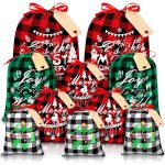 Ouddy Mode 10 Pcs Christmas Drawstring Gift Bags, Buffalo Plaid Christmas Gift Bags Multi Sizes, Cotton Fabric Holiday Gift Bags Large Medium Small Wrapping Bags for Xmas Presents Party Favor