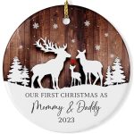 Our First Christmas As Mommy and Daddy 2023 Reindeer Ceramic Ornament, Gifts for New Dad Mom Parents Newborn Baby, Keepsake 1st Xmas As Mom & Dad, Family of Three First Christmas Ornament