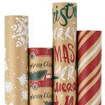 RUSPEPA Christmas Wrapping Paper, Kraft Paper - Snowflakes, Car and Christmas Tree, Stripes and Merry Christmas - 4 Rolls - 30 inches x 10 feet per Roll