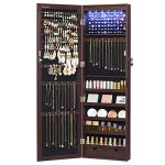 SONGMICS 6 LEDs Mirror Jewelry Cabinet, 47.2-Inch Tall Lockable Wall or Door Mounted Jewelry Armoire Organizer with Mirror, 2 Drawers, 3.9 x 14.6 x 47.2 Inches, Christmas Gifts, Brown UJJC93K