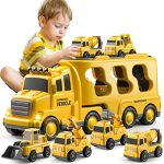 TEMI Construction Toddler Truck Toys for 3 4 5 6 Year Old Boys - 5-in-1 Friction Power Vehicle Car Toy for Toddlers 1-3, Bulldozers Cranes Truck Toys for Kids 3-5, for Girls Age 3-9