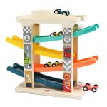 TOP BRIGHT Toddler Wooden Race Track Car Ramp Toys for 1 2 Year Old Baby Motor Skills Race Tracks Car Ramp Vehicle Playsets with 4 Mini Cars and 1 Car Garage