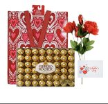 Valentine Day Gift Basket |Fine Ferrero Rocher Hazelnut Chocolates Diamond Box 48 Count |Artificial Rose Flower With Glitter Heart Bouquets | Love Heart Gift Bag (Bags May Vary) . Valentine Card Included!!!