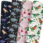 WAPLIGHAL Dinosaur Christmas Wrapping Paper for Boys Girls Kids - Funny Dinosaurs on White Pink Black Designs - Gift Wrap for Birthday, Baby Shower, Holiday - 8 Sheets, Each 20 x 29 Inches, Recycled, Easy to Store