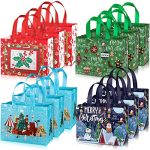 Whaline 12 Pack Large Christmas Tote Bags with Handles, Reusable Gift Bag Grocery Shopping Totes for Holiday Xmas 12.8" x 9.8"