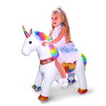 WondeRides Ride on Rainbow Unicorn Horse, Rocking Horse Riding Pony Toy (Medium Size 4, Height 36 Inch) for Ages 4-9 Years Kids Toys, Mechanical Moving Giddy up Walking Horse Plush Animal with Wheels