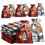 XIMISHOP 36pcs Christmas Burlap Gift Bags,Christmas Buffalo Plaid Drawstring Bags Christmas Jute Linen Burlap Treat Candy Goodies Drawstring Bags with Tags for Xmas Favors Supplies