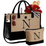 YOOLIFE Christmas 2023 Gift Ideas - Initial Large Jute Tote Bag Embroidery Best Christmas Gifts 2023 for Women Thank You Mom Teacher Bridesmaids Friends Christmas Gifts for Mom Reusable Grocery Bag N