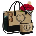 YOOLIFE Christmas Gifts for Women 2023 Unique - Monogram Tote Personalized Jute Tote Bag with Initial Makeup Bag for Friends Female Mom Friendship Bridesmaid Birthday Gift Ideas Thank You L