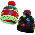 2 Pack Christmas LED Light-up Knitted Beanie Hat Colorful with 3 Flashing Modes for Holiday Xmas Christmas Party Supplies(One Size Fits More)