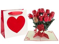 A dozen Belgian Milk Chocolate Roses Bouquet 2.11 ounce | Valentines Day Heart Love 3D Pop Up Card with Envelope | Valentine Themed Gift Bag (Color and Style may vary) Her or Him, Valentines Birthday