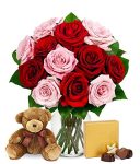 DELIVERY BY FRIDAY, 12/15 GUARANTEED IF ORDER PLACED BY 12/14 BEFORE 2PM EST From You Flowers - One Dozen Red & Pink Roses with Chocolates and a Bear with Free Vase (Fresh Flowers) Birthday,