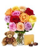 DELIVERY BY FRIDAY, 12/15 GUARANTEED IF ORDER PLACED BY 12/14 BEFORE 2PM EST From You Flowers - One Dozen Rainbow Roses with Chocolates & Bear with Free Vase (Fresh Flowers) Birthday, Anniversary, Get