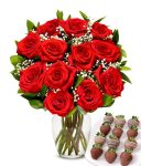 From You Flowers - One Dozen Red Roses with Belgian Chocolate Covered Strawberries with Free Vase (Fresh Flowers) Birthday, Anniversary, Get Well, Sympathy, Congratulations, Thank You