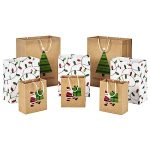 Hallmark Sustainable Christmas Gift Bags for Kids (8 Bags: 3 Small 6", 3 Medium 9", 2 Large 13") Recyclable Kraft with Santa, Lights and Tree