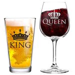 King and Queen Beer and Wine Glass Gift Set of 2 | Fun Novelty His and Hers or Husband Wife Drinkware | Couple, Newlywed | Wedding or Favorite Couples | USA Made