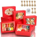 KPOSIYA 65 PCS 8x6x2.5 Inch Cookie Boxes with Window Red Bakery Boxes Pastry Boxes for Gift Giving, Treat, Dessert, Cupcakes, Chocolate, Strawberries, Donuts, Muffins (5 Style Windows)