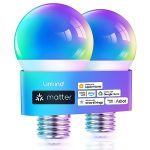 Linkind Matter Smart Light Bulbs Work with Apple Home/Siri/Google Home/Alexa/SmartThings, RGBTW LED Color Changing Light Music Sync, Smart Home Integration, 60W A19 E26 2.4Ghz WiFi Only 2 Pack