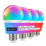 OREiN Matter Smart Light Bulbs Reliable WiFi Light Bulb with Matter A19 E26 LED Color Changing Light Bulbs 9W Equi 60W 800LM CRI>90 Work with Alexa/Google Home/Apple Home/SmartThings/Siri 4Pack