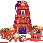 Purple Plum Christmas Gift Basket | Christmas House Treat Tower with Assorted Gummies of Snowflake & Christmas Trees | Gingerbread Cookies & Trees Shaped Soft Pretzels | Caramel Popcorn