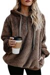 ReachMe Womens Oversized Sherpa Pullover Hoodie with Pockets Fuzzy Fleece Sweatshirt Buffalo Plaid Fluffy Coat(A Brown,M)