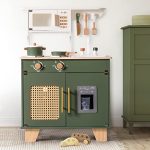 ROBUD Vintage Green Wooden Kitchen Sets for Kids Toddler, Pretend Play Kitchen with Working Ice Machine, Microwave Oven, Ages 3+