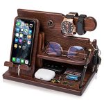 TESLYAR Wood Phone Docking Station Ash Key Holder Stand Watch Organizer Men Husband Wife Anniversary Dad Birthday Nightstand Purse Father Graduation Male Travel Idea Gadgets