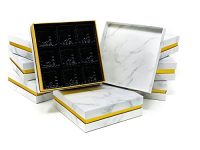 Tiny Triangle Truffle Boxes -Empty chocolate box with 9-piece Plastic Tray Insert - Marble Design and Customizable Gift Label (8 pack)