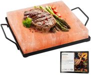 UMAID Himalayan Salt Block Cooking Plate 8x8x1.5 for Cooking, Grilling, Cutting and Serving, Food Grade Rock Salt Stone On Steel Tray with Recipe Pamphlet Unique Gifts for Men, Women, Dads & Cooks