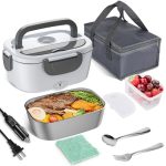 Vabaso Electric Lunch Box Food Heater, 60-80W Electric Heating Lunch Boxes Lunch for Car/Men/Adults/Home/Work, 1.5L Removable 304 Stainless Steel Container, 110V/12V/24V, with Fork & Spoon