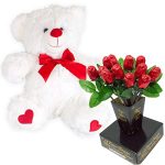 Valentines Day Gift Basket | Teddy Bear Plush 12 Inches (Color may Vary) & A dozen Belgian Milk Chocolate Rose Bouquet | For Her Wife Girlfriend Mother Daughter