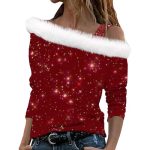 Womens Christmas Cold Shoulder Tops Long Sleeve Oversized Off Shoulder T Shirts Cute Tree Snowflake Tunic Pullover Loose Fit Off The Shoulder Sweater Holiday Tops Outfits Gifts for Women 2023