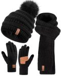 Womens Winter Beanie Hat Scarf Gloves Set, Cute Pom Pom Beanie with Warm Fleece Lined Long Knit Neck Scarf Touchscreen Gloves, 3 Piece Set for Cold Weather(Black)