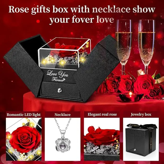 Valentines Day Gift: Red Rose with “I Love You” Necklace