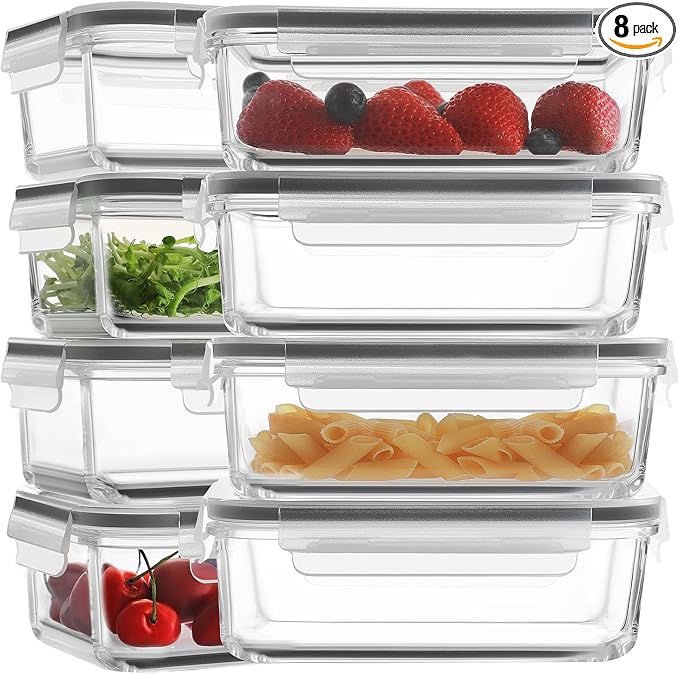 HOMBERKING Airtight Food Storage 8 Pack Glass Meal Prep Containers with Lids